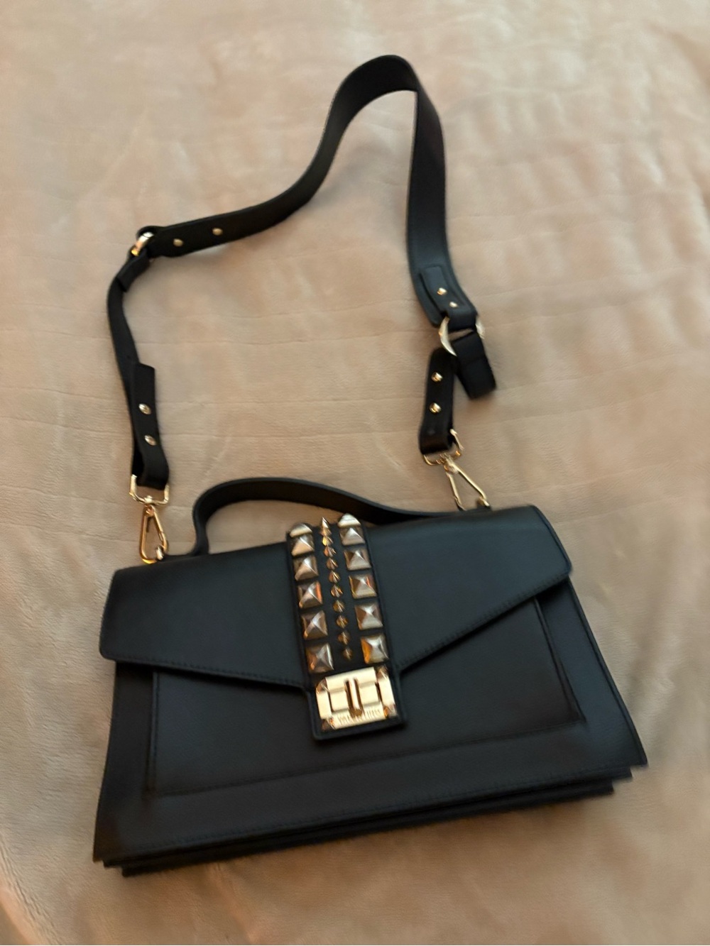 Valentino Black Leather Satchel with Gold Stud Detailing